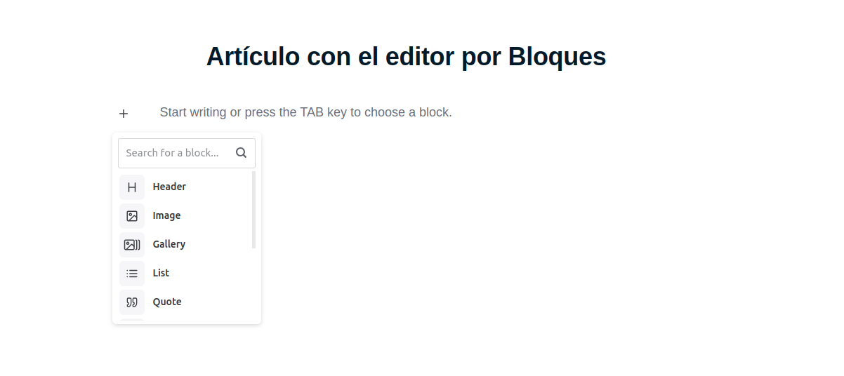 Captura de pantalla del Editor por Bloques de Publii