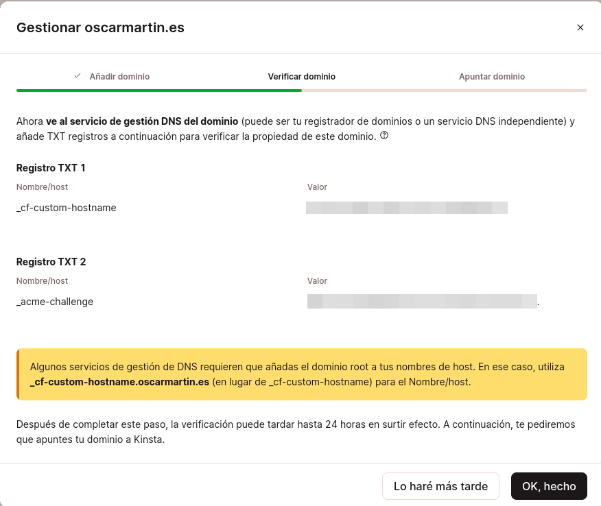 Captura de pantalla con las opciones de verificación de dominio con los registros DNS con la configuración de los Registros TXT1 y TXT2