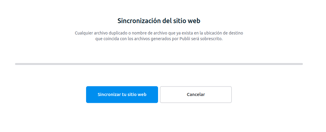 Captura de pantalla con la pantalla de confirmación de Sincronización del sitio web de Publii con el alojamiento web