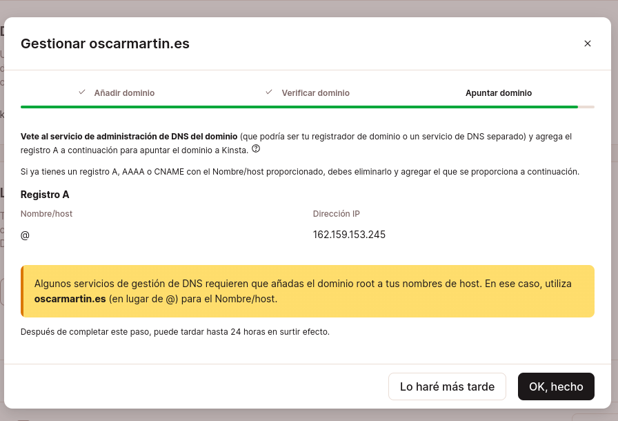 Captura de pantalla de la configuración del dominio con el Registro A con el que tenemos que apuntar el dominio a Kinsta