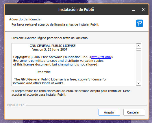Captura de pantalla del instalador para Windows de Publii