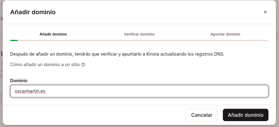 Captura de pantalla de un Modal para Añadir un dominio en el sitio estático en MyKinsta