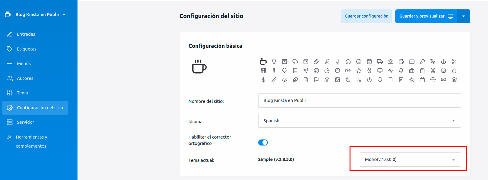 Captura de pantalla de la configuración del sitio de Publii con la opción de Tema actual marcada con el tema Mono