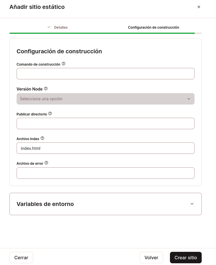 Captura de pantalla de la configuración de construcción de tu web estática en Kinsta