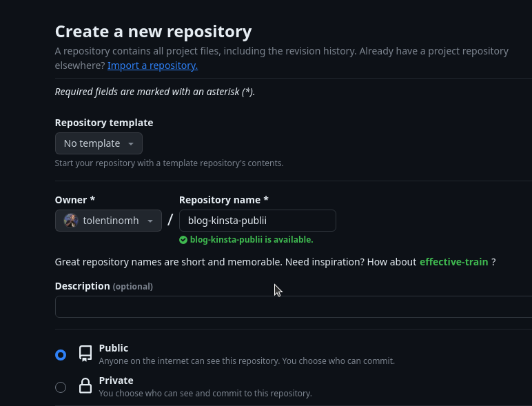 Captura de pantalla de la creación de un nuevo repositorio en Github llamado blog-kinsta-publii