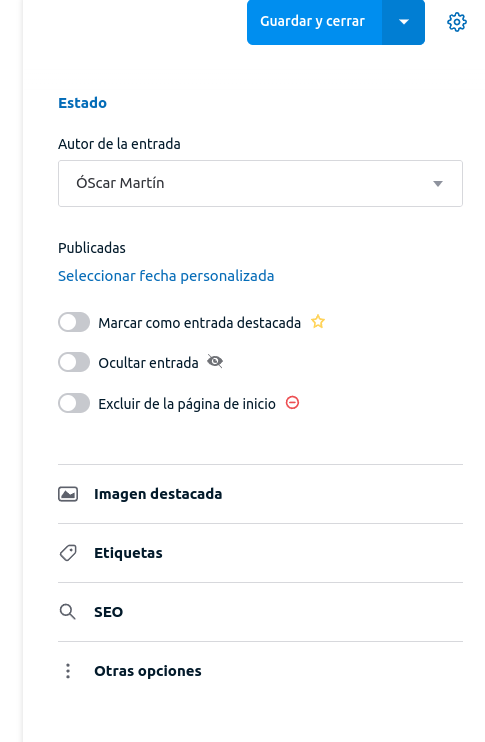 Captura de pantalla de las opciones de visualización y SEO de una entrada en Publii