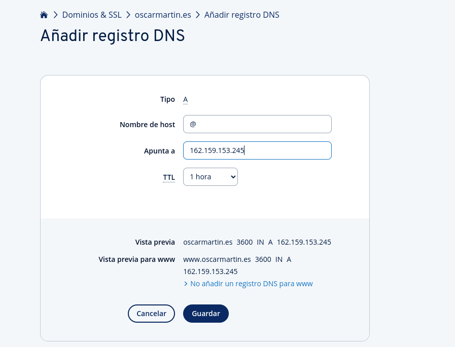 Captura de pantalla de la configuración del registro DNS A en IONOS con la configuración del registro A que tenemos que apuntar a Kinsta 