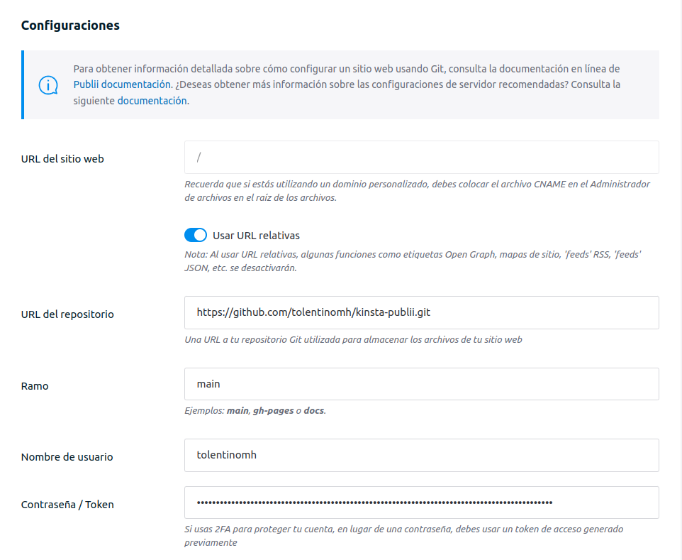 Captura de pantalla de la configuración del repositorio de Github para configurar el servidor en Publii