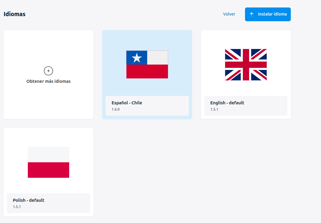 Captura de pantalla de Publii con los idiomas instalados: Inglés, Polaco y Español de Chile