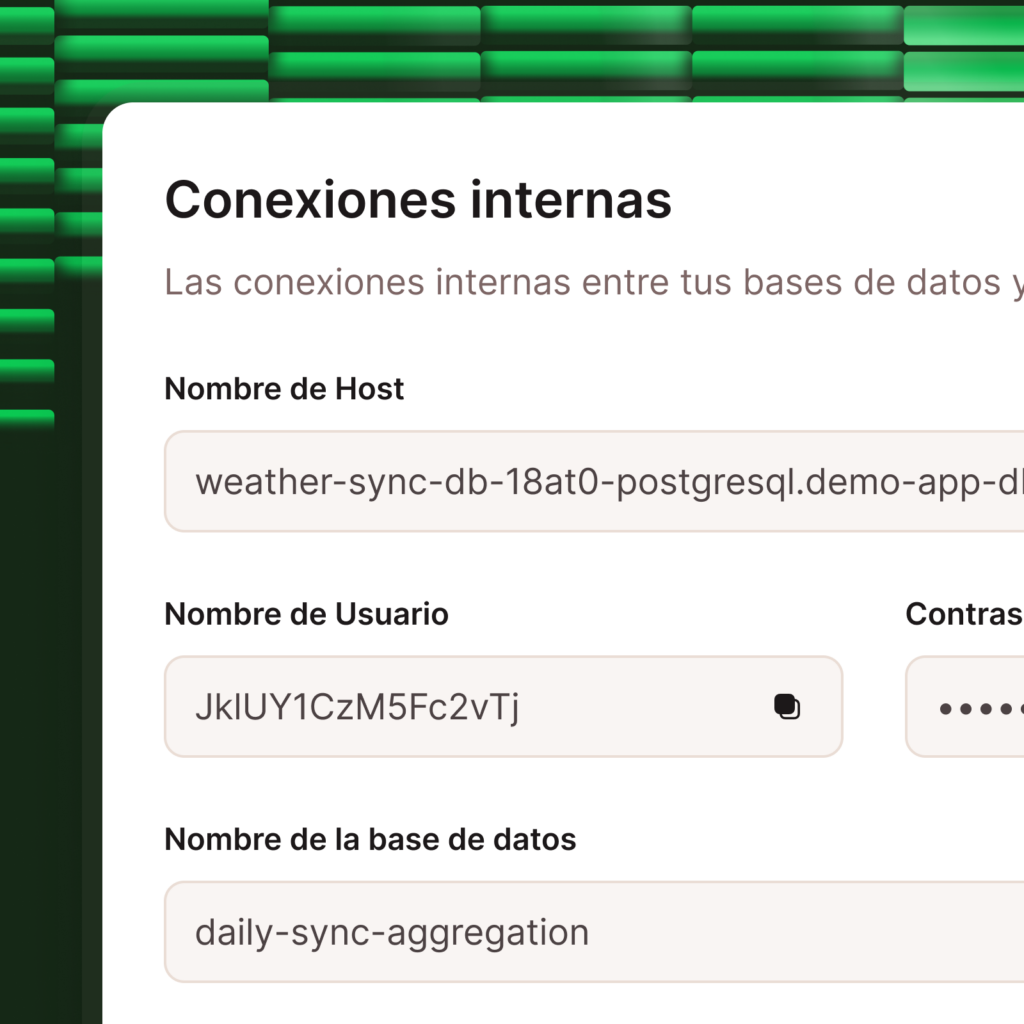 Captura de pantalla que muestra las opciones de conexiones internas de la base de datos