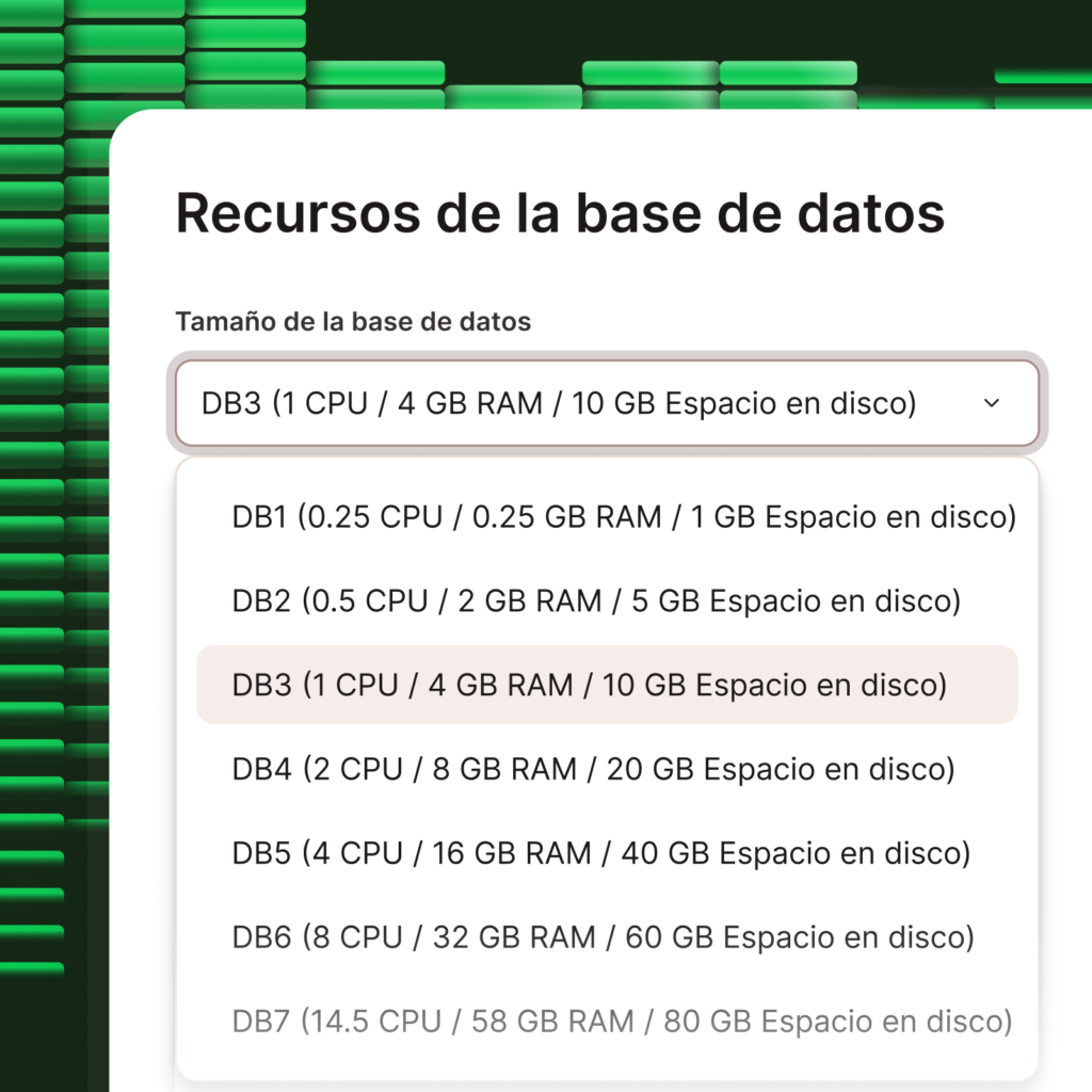 Captura de pantalla que muestra el selector para diferentes niveles de recursos de la base de datos