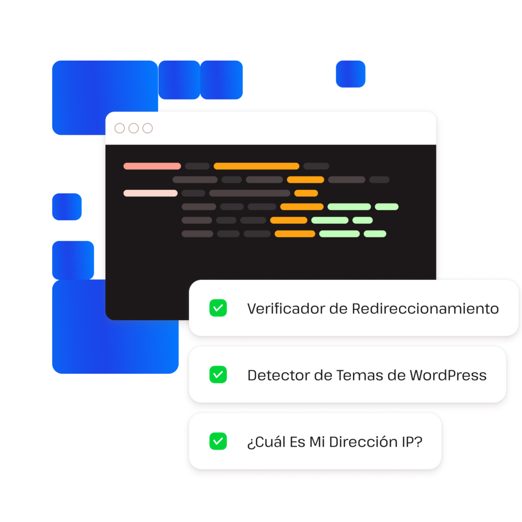 Ejemplos de herramientas para desarrolladores de WordPress como; Comprobador de redirecciones, Detector de temas de WordPress y ¿Cuál es mi IP?