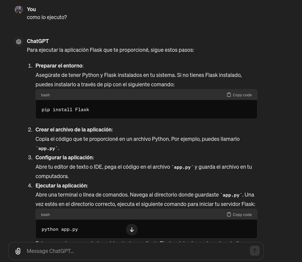 Captura de pantalla de ChatGPT en la que le pregunto como ejecutar una aplicación hecha en Flask