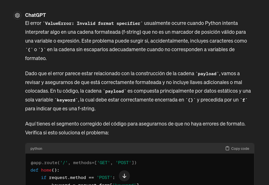 Captura de pantalla en la que se puede ver como ChatGPT ayuda a solucionar un error de un programa hecho en Python