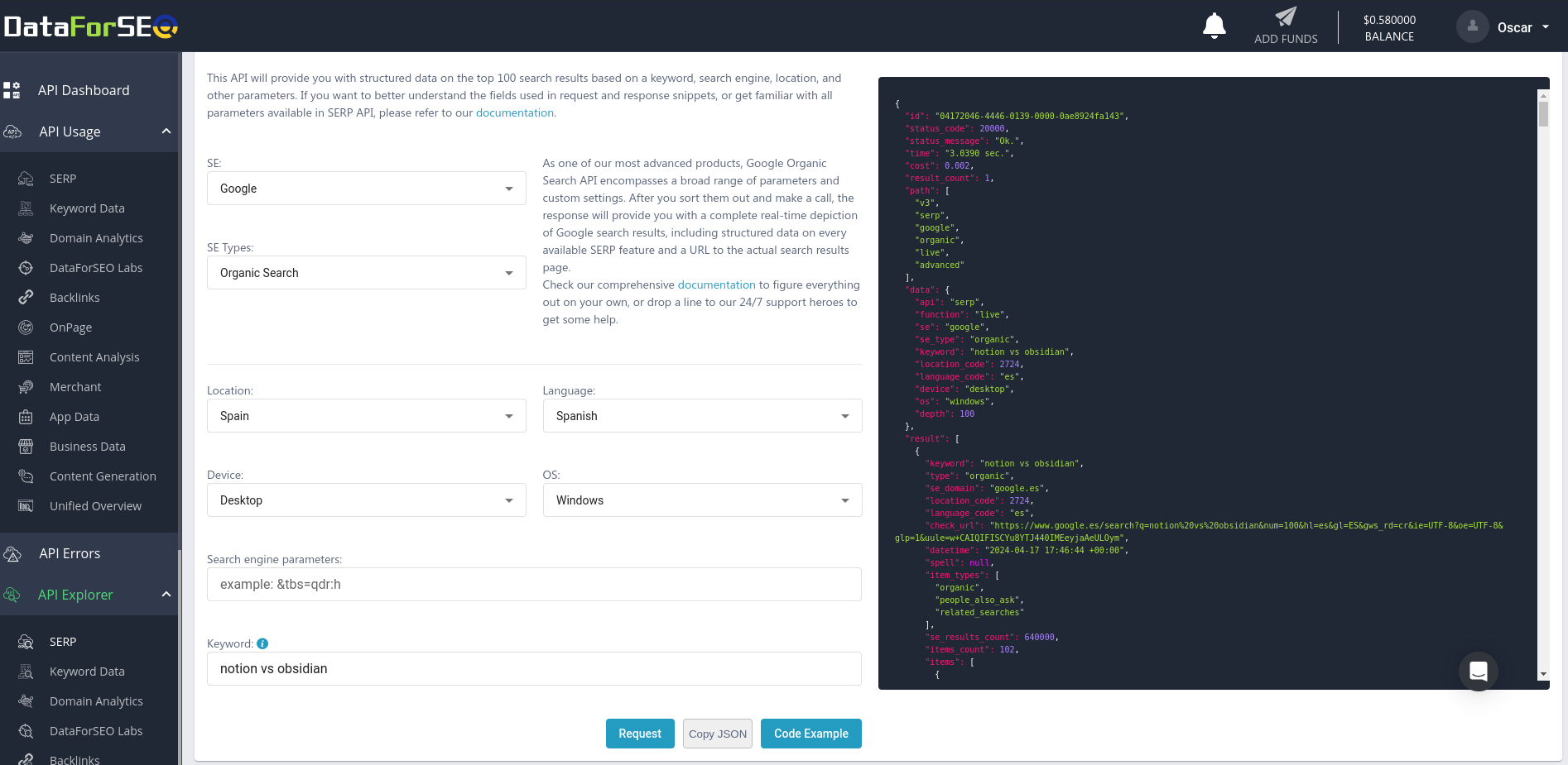 Captura de pantalla del Playground de la API de DataForSeo