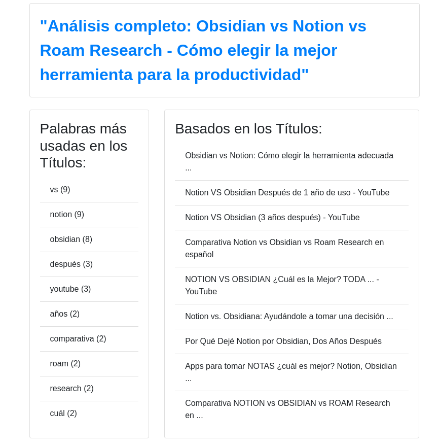 Captura de pantalla del resultado que devuelve nuestro programa. En la parte de arriba de la image está el titular generado y abajo las palabras clave más repetidas y los títulos de los 10 primeros resultados de Google