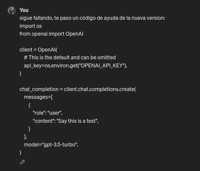 Captura de pantalla de ChatGPT en el que le paso un código en Python que me da error para que me ayude