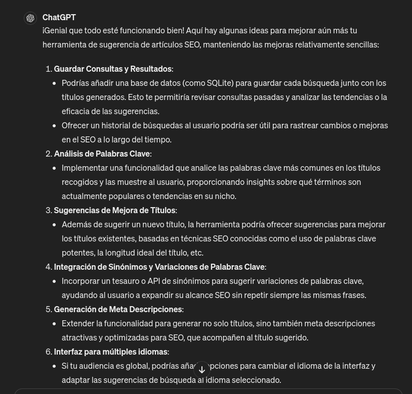 Captura de pantalla de Chatgpt con 6 ideas para mejorar la herramienta de sugerencia de artículos SEO