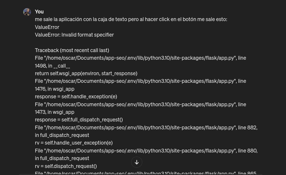 Captura de pantalla de ChatGPT con un error que arroja un programa hecho en Python