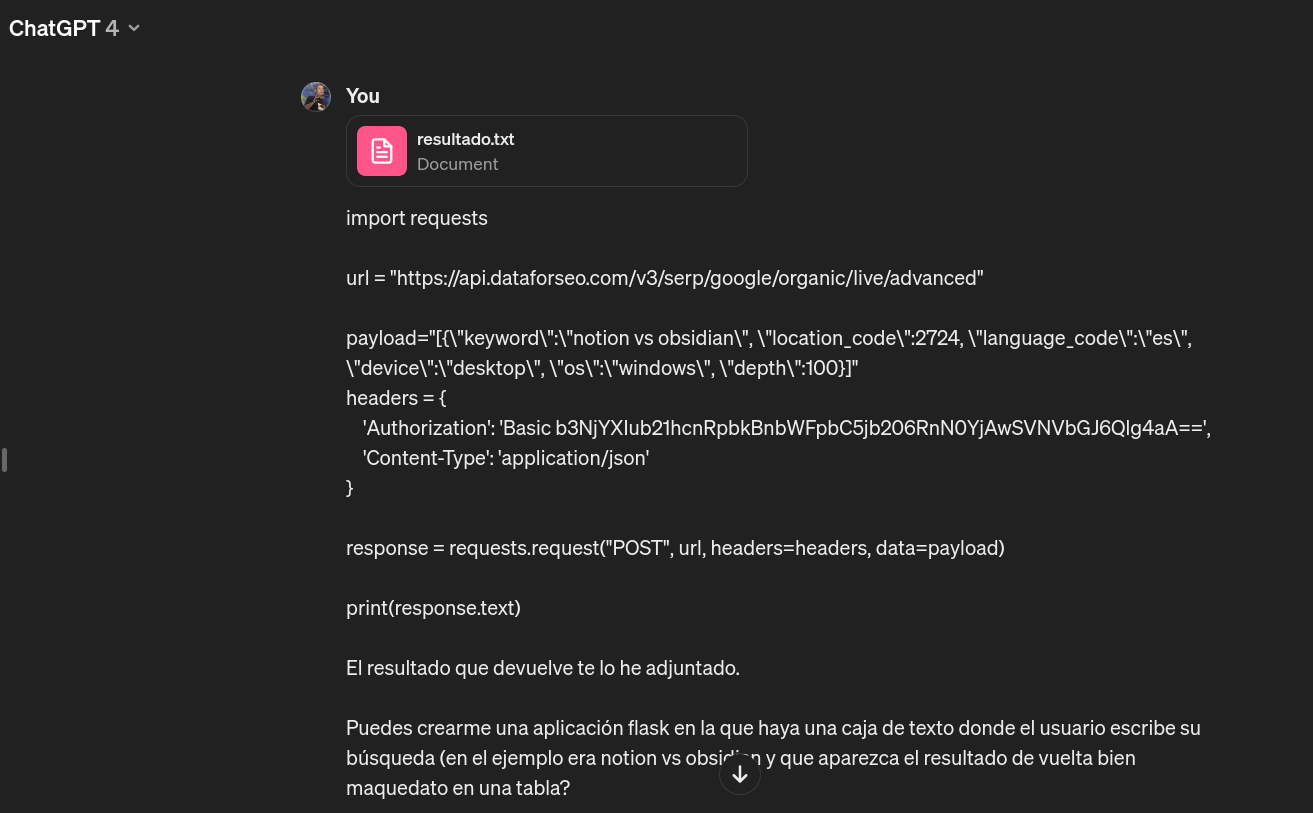 Captura de pantalla de ChatGPT con el prompt para crear una aplicación flask con una llamada a la API de DataForSEO