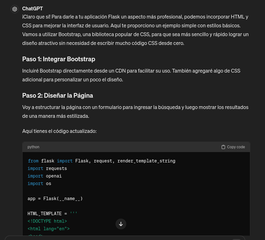 Captura de pantalla de ChatGPT en la que nos ayuda a mejorar la maquetación de nuestra aplicación de Flask