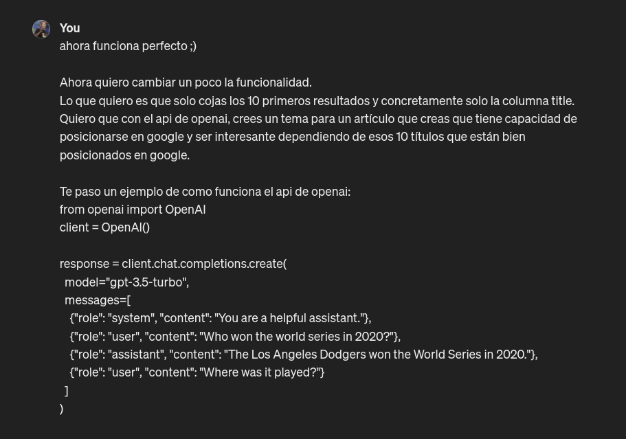 Captura de pantalla de ChatGPT preguntándole como crear una aplicación en flask para crear un título a partir de los 10 primeros resultados de Google