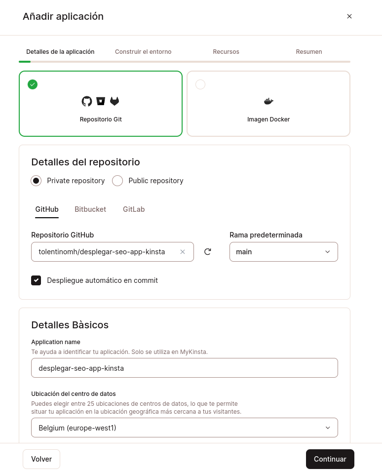 Captura de pantalla dentro de MyKinsta en la que elegimos los detalles del repositorio para añadir una aplicación