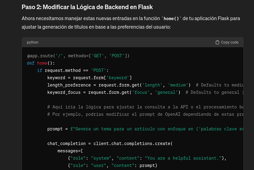 Captura de pantalla en la que ChatGPT explica como modificar la lógica de backend de un programa desarrollado en Flask