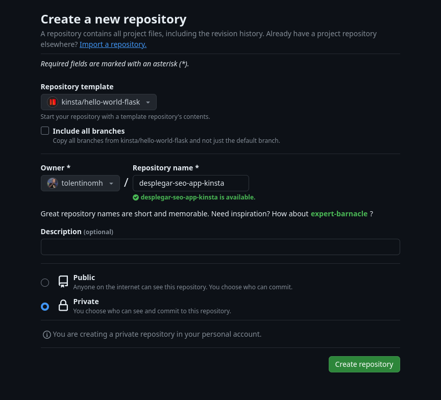Captura de pantalla de la creación de un nuevo repositorio en Github basado en el repositorio de Kinsta hello-world-flask