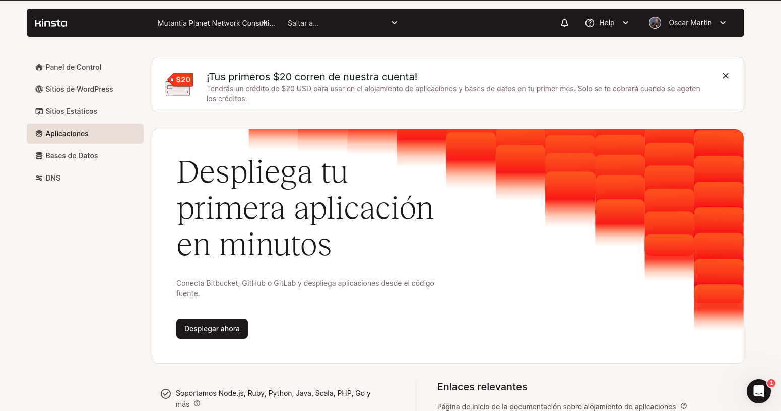 Captura de pantalla del Escritorio de MyKinsta con el mensaje 'Despliega tu primera aplicación en minutos'