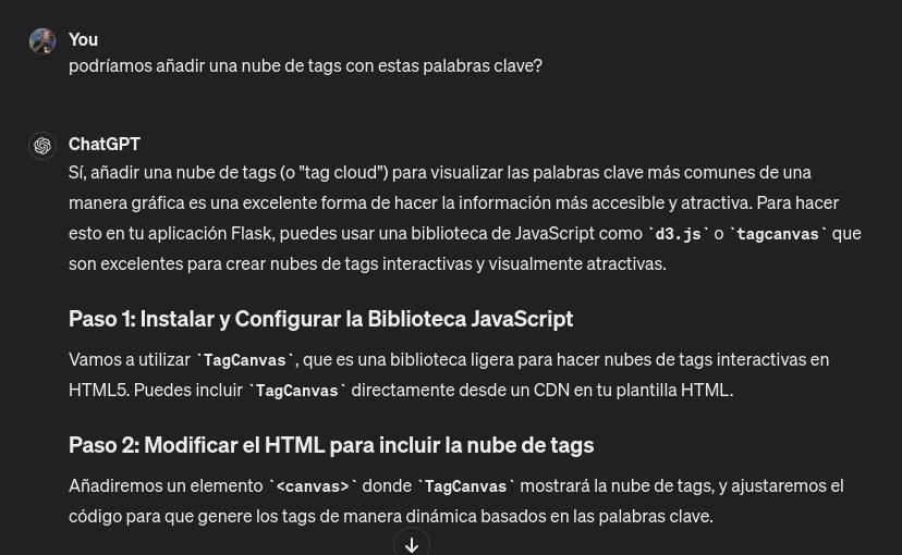 Captura de pantalla en la que pregunto a ChatGPT como añadir una nube de tags a nuestro programa hecho con Flask