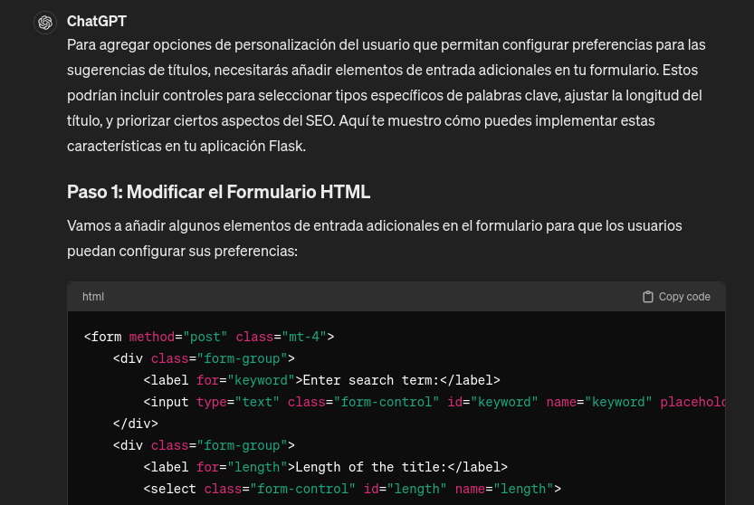 Captura de pantalla en la que ChatGPT agrega opciones de personalización del usuario a un formulario de HTML