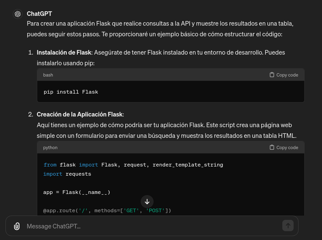 Captura de pantalla de la respuesta de ChatGPT para crear una aplicación flask con una llamada a la API de DataForSEO