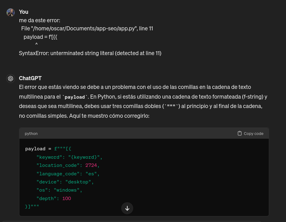 Captura de pantalla de ChatGPT en la que le pego un error del código generado en Python