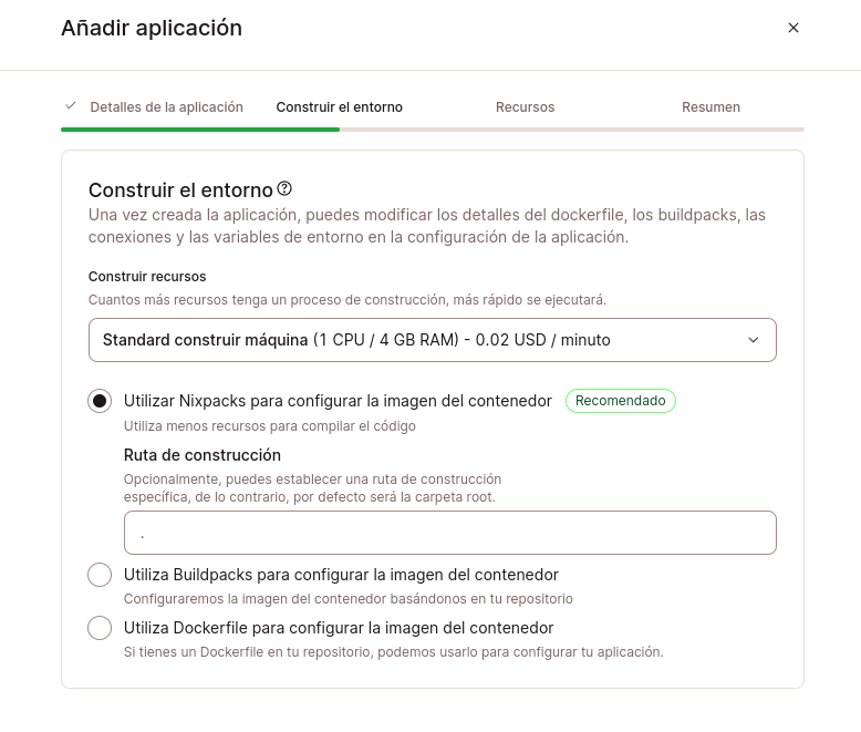 Captura de pantalla dentro de MyKinsta con las opciones del entorno de construcción para crear una aplicación