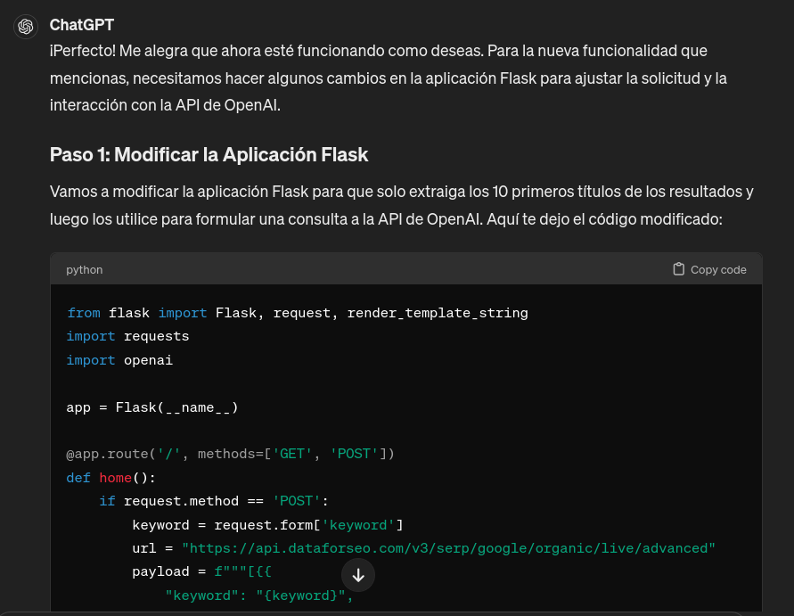 Captura de pantalla en la que ChatGPT responde como crear una funcionalidad en Flask para crear llamar a la API de OpenAI
