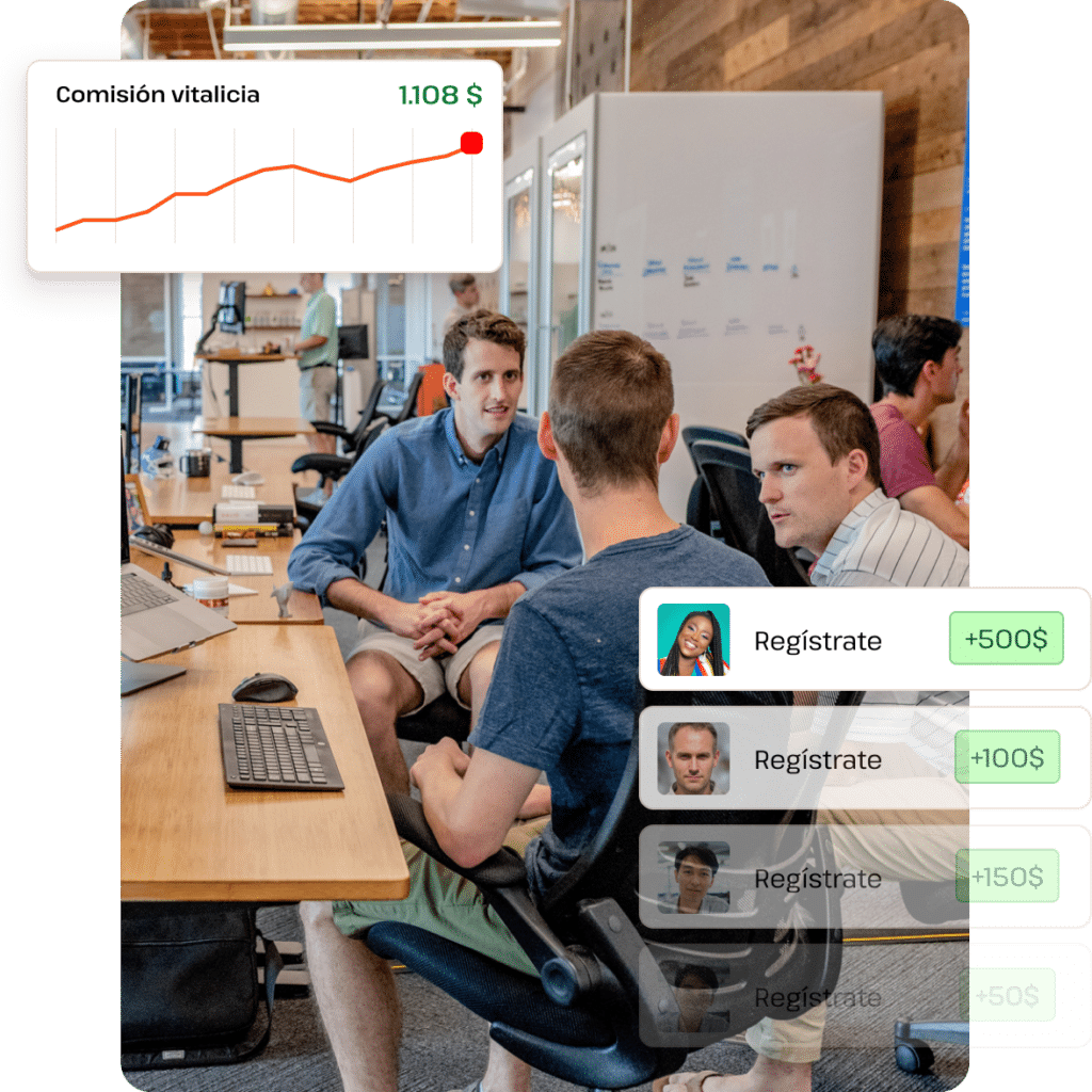 Grupo de personas conversando en una moderna oficina de agencia con un gráfico ascendente al fondo, que simboliza el crecimiento de los ingresos por afiliación.