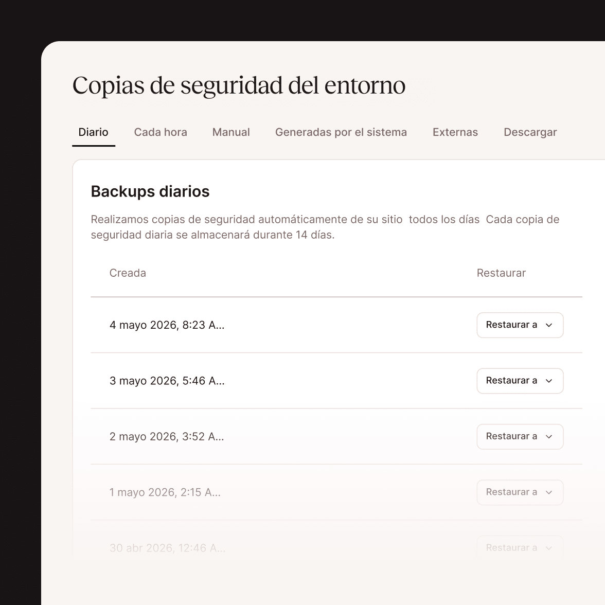 Los diferentes tipos de copias de seguridad que ofrece Kinsta en el panel de control de MyKinsta