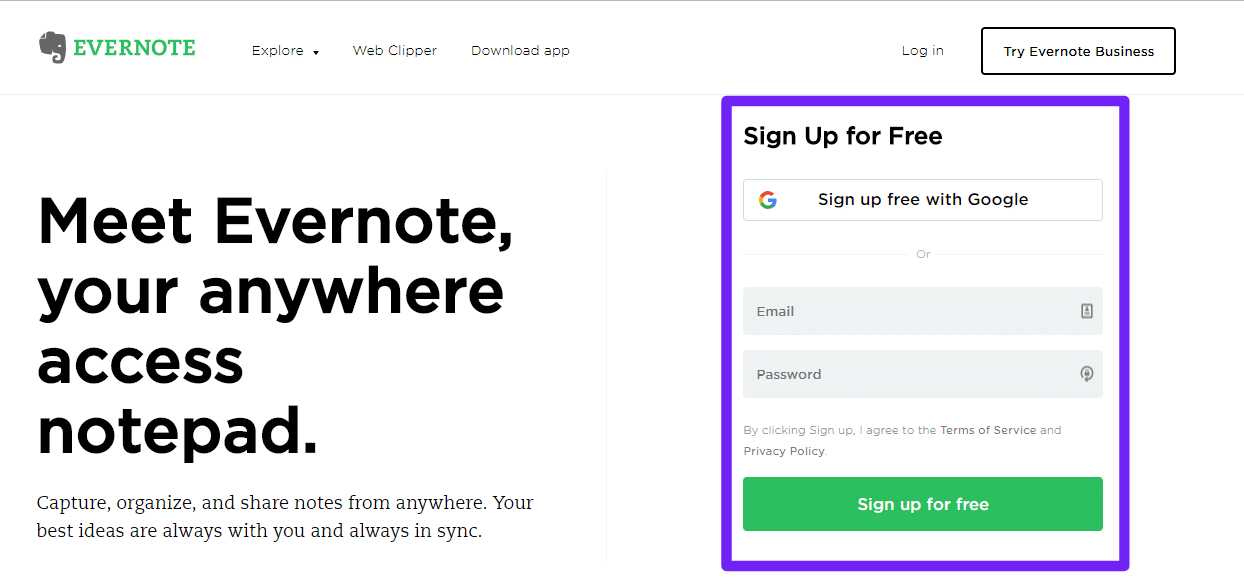 Inscription à Evernote