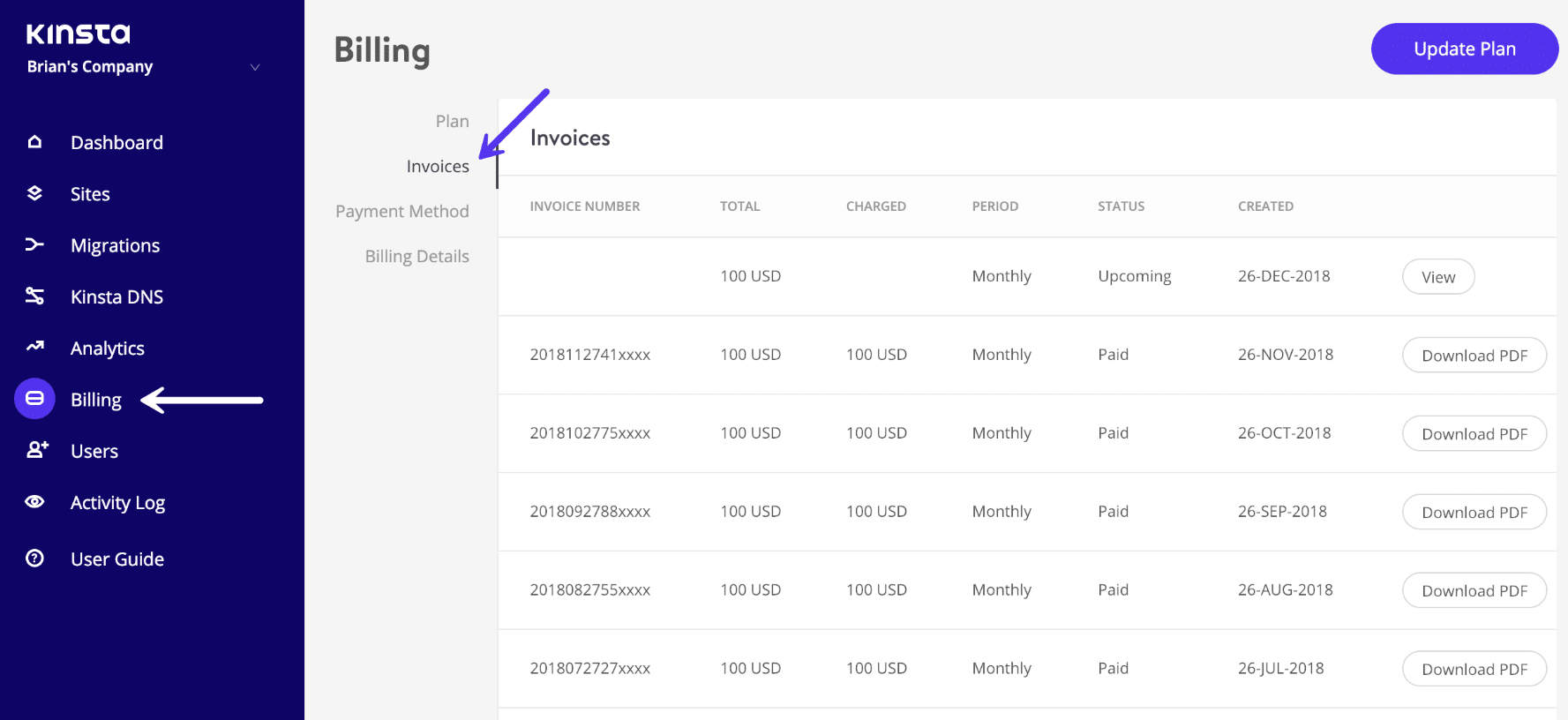 Factures Kinsta