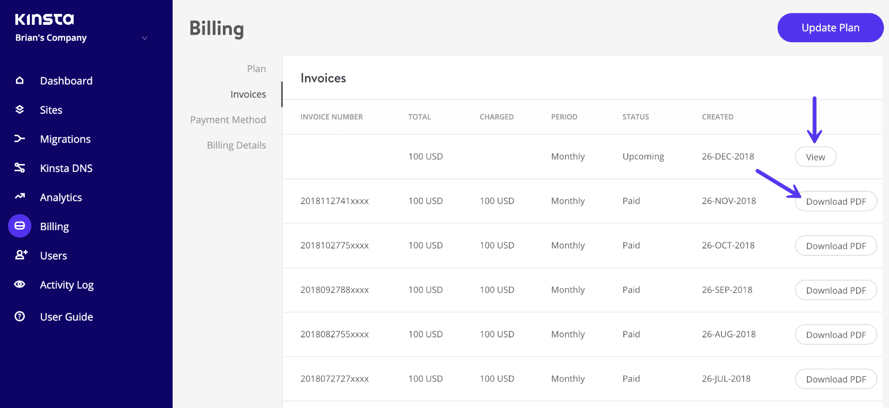 Liste des factures Kinsta