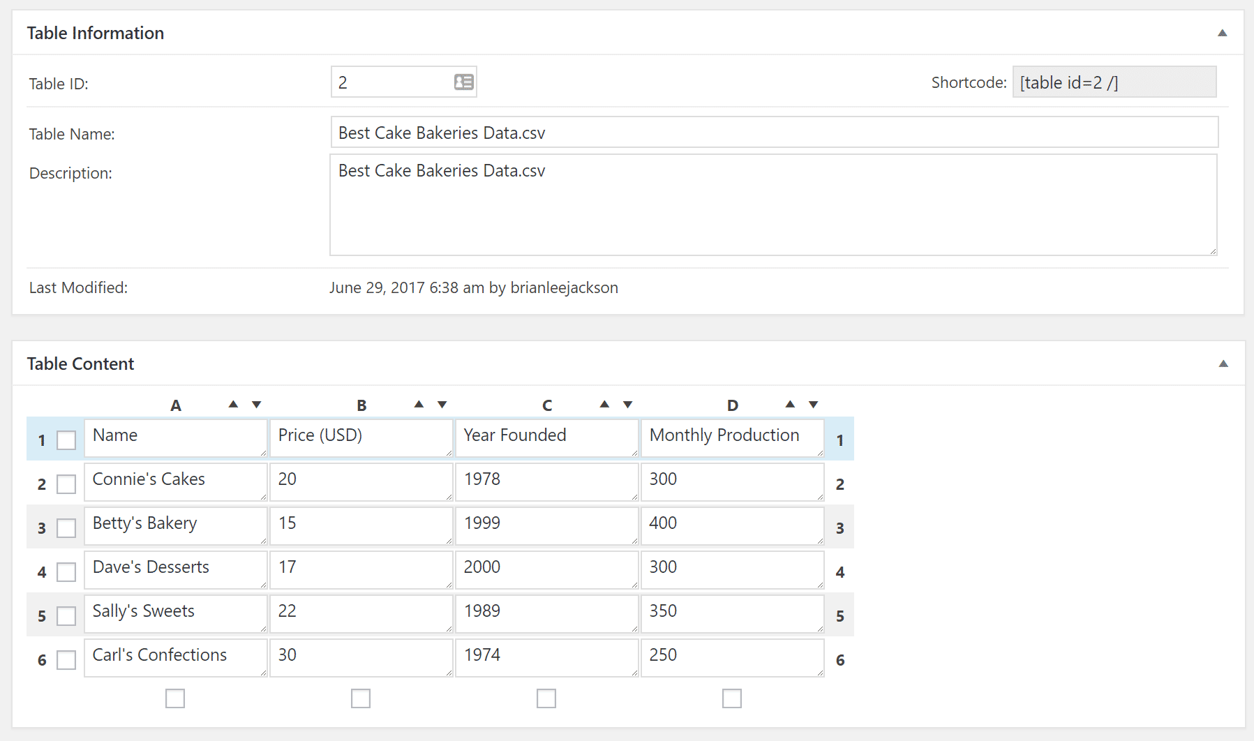 Options du tableau importé