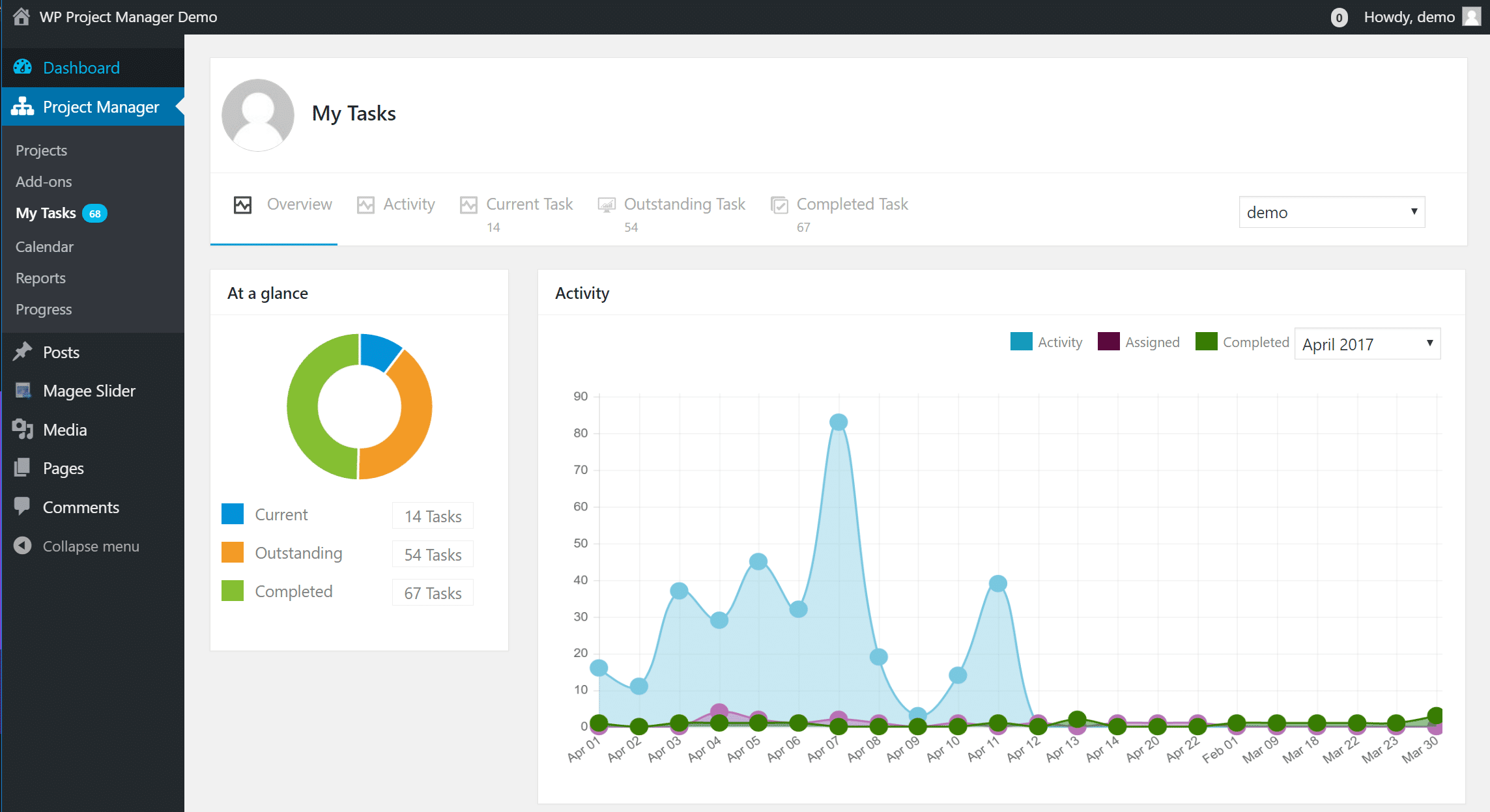 Exemple de tâches dans WP Project Manager