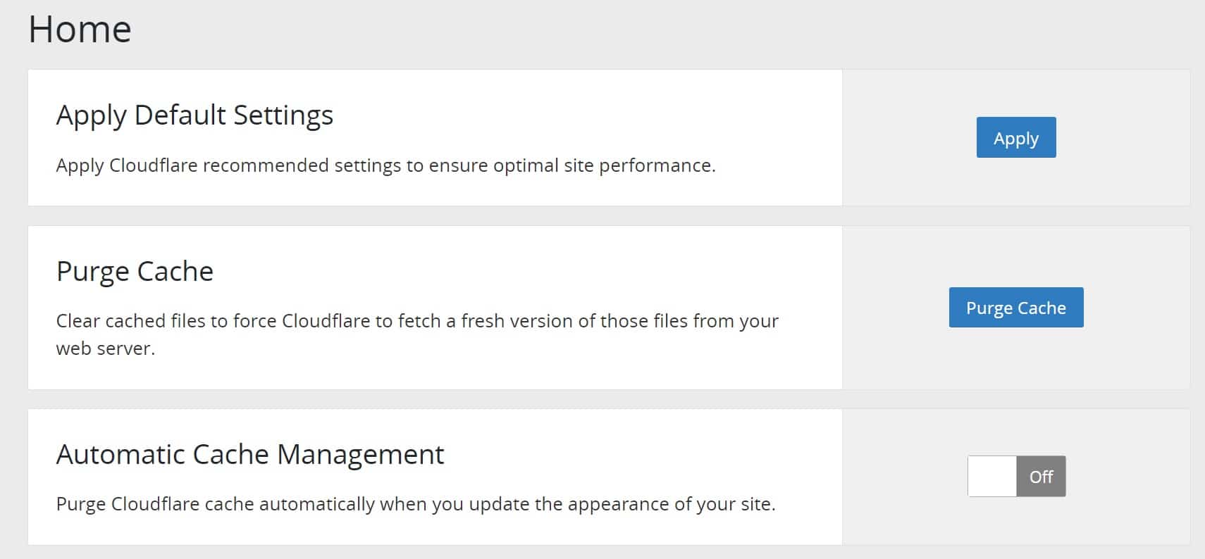 Paramètres par défaut du plugin Cloudflare