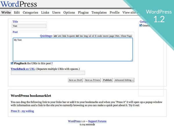 Historique WordPress version 1.2