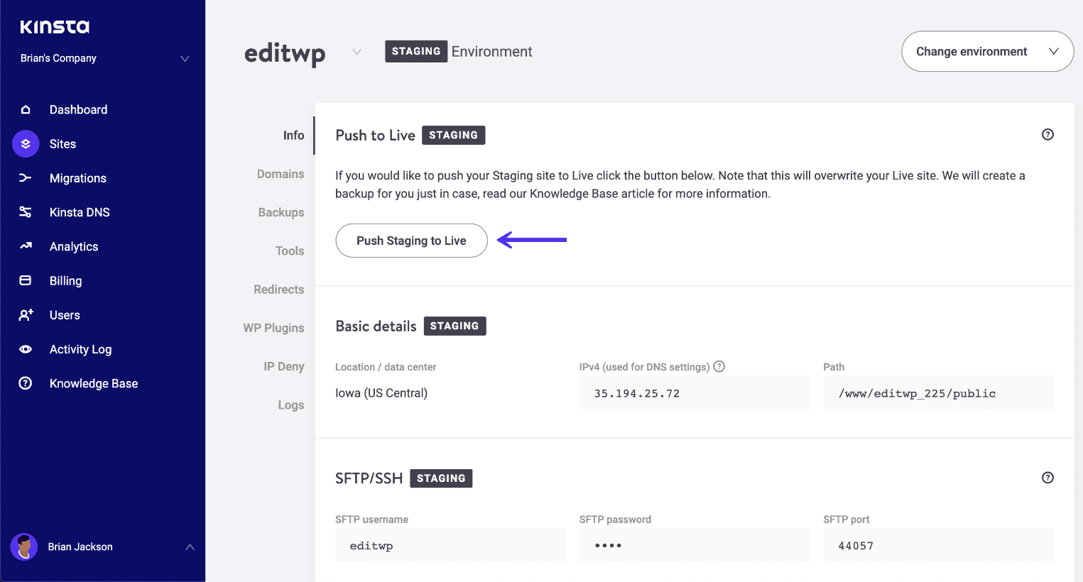 MyKinsta passer le staging en production