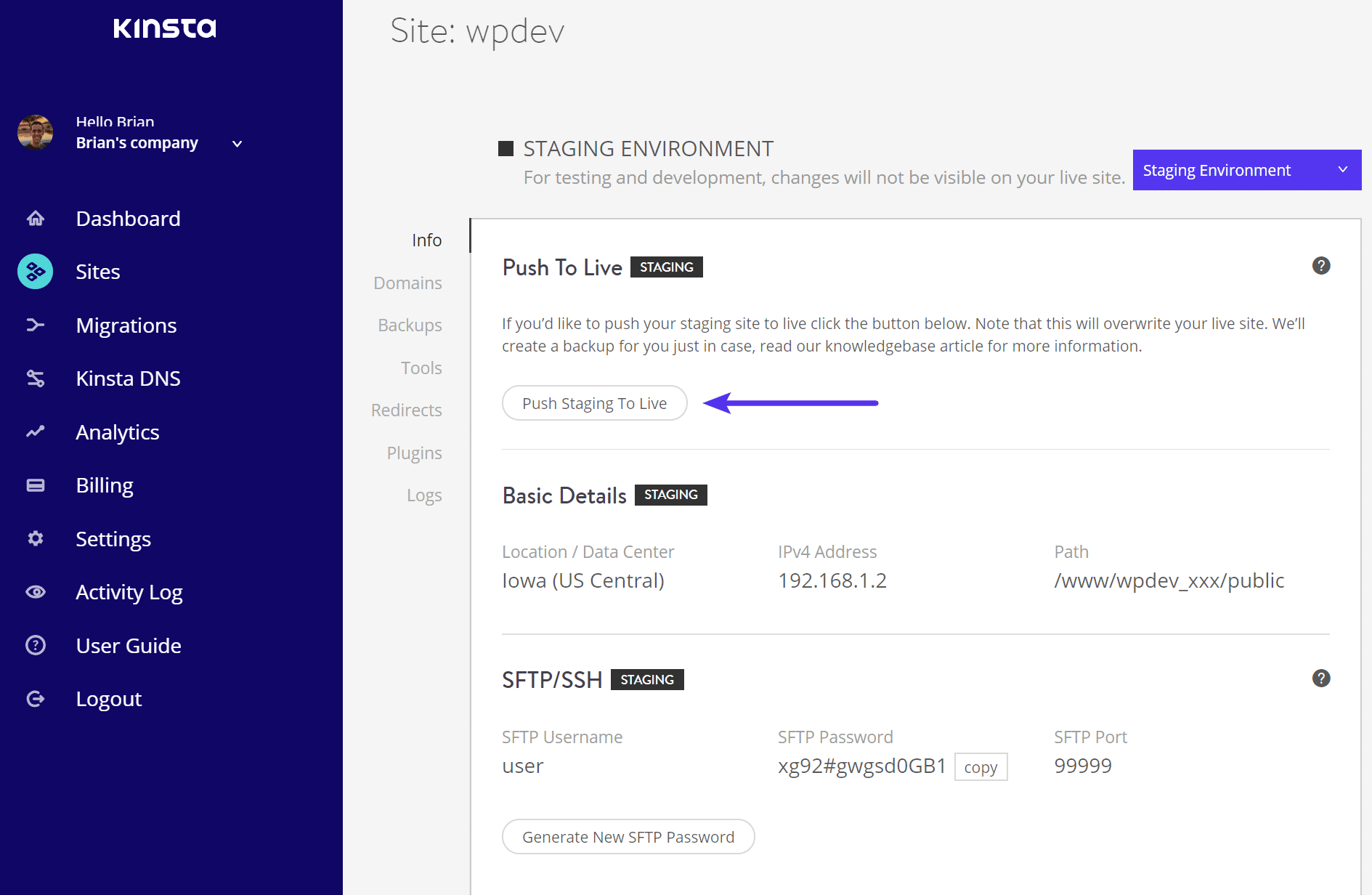 MyKinsta passer le développement en production