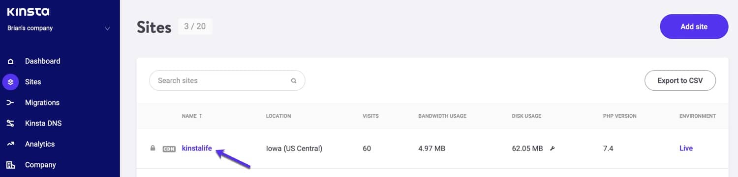 Sélectionnez votre site dans MyKinsta