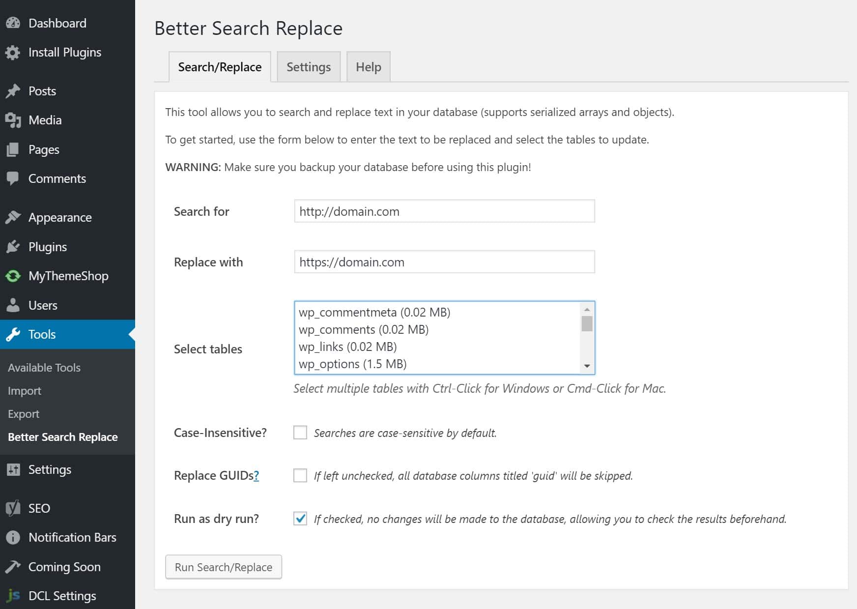 Options Better Search Replace