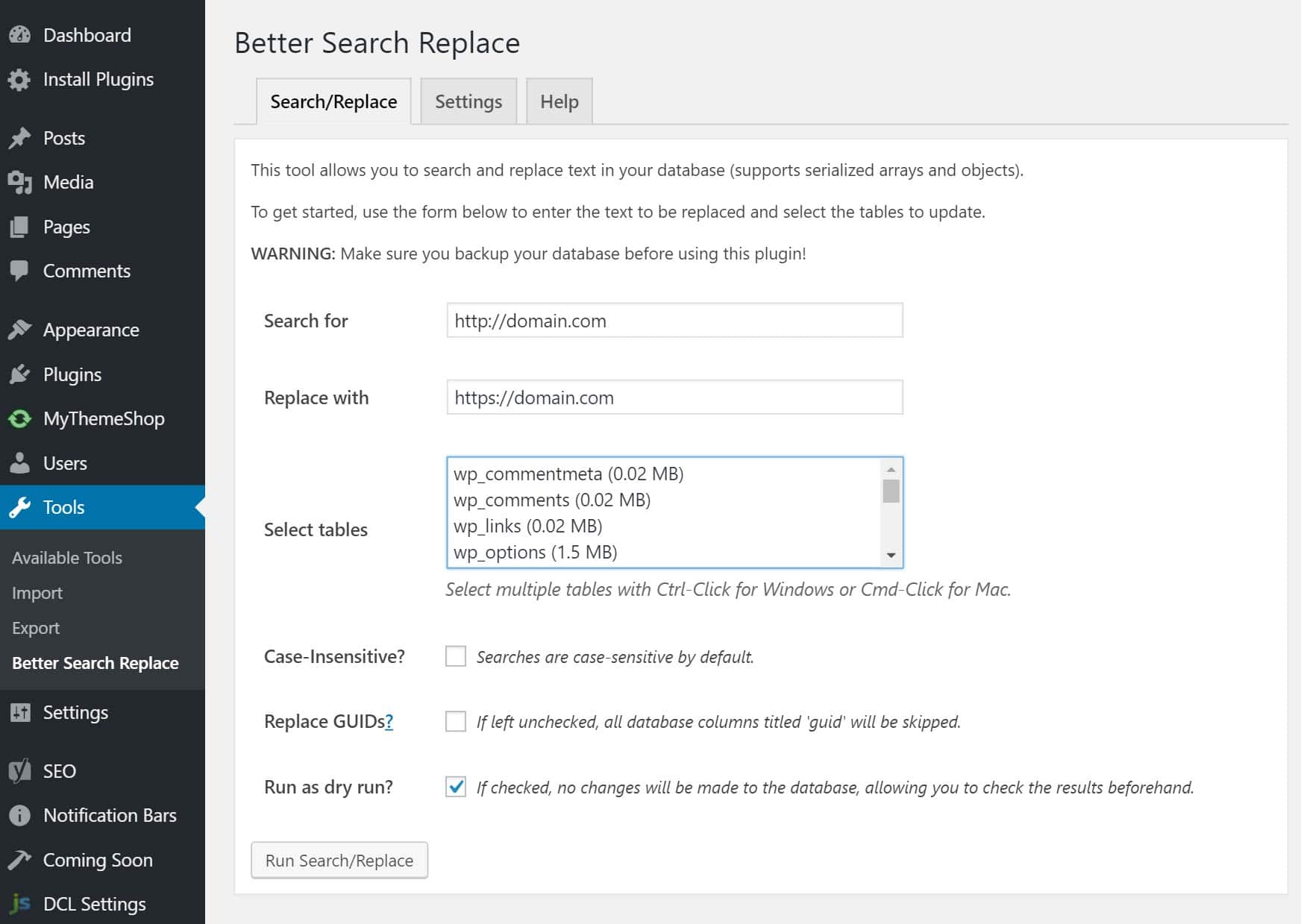 Options de better search replace